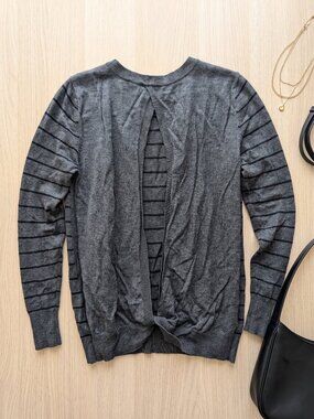 Pixley Stitch Fix Open Twist Back Striped Knit Sweater Heather Gray Black L